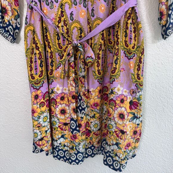 Fig and Flower Dress Womens Medium Floral Paisley Belted Tie Rayon Anthropolgie - Picture 3 of 10